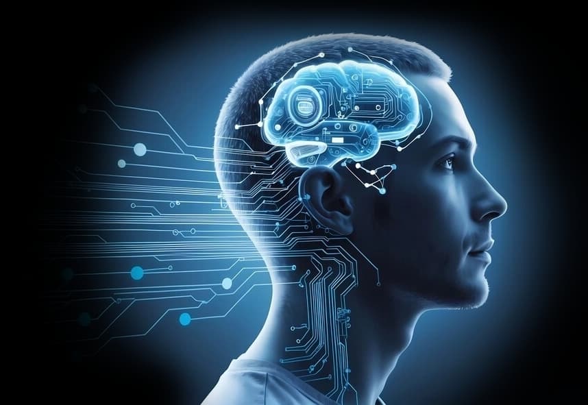 Stylized head graphic showing AI connections