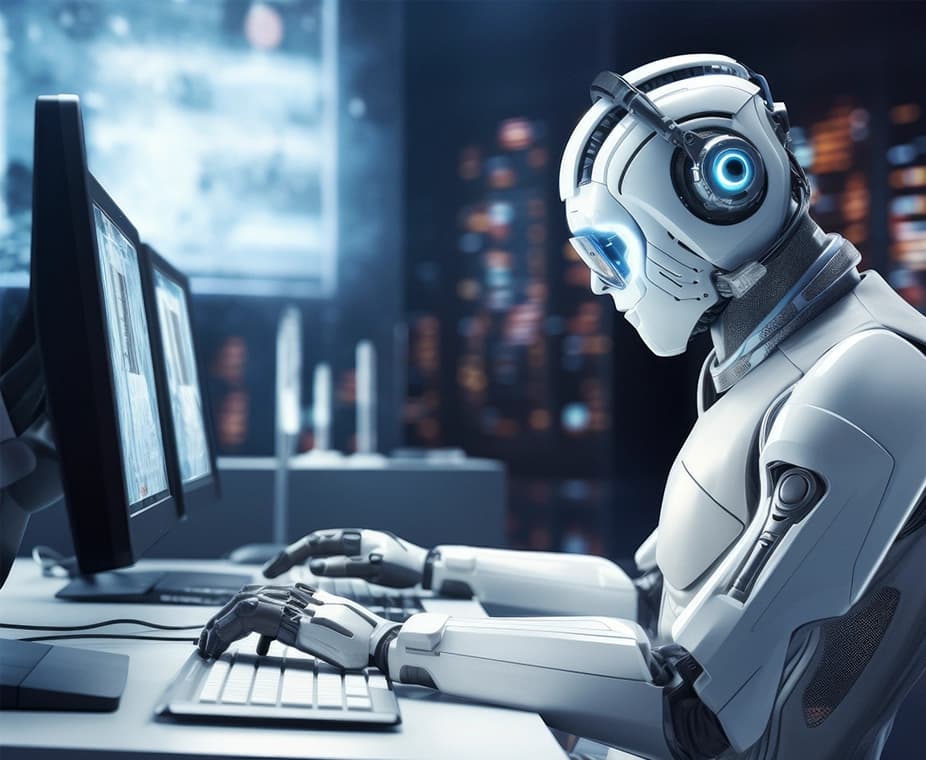 Abstract digital visualization of an AI neural network in blue and purple hues.